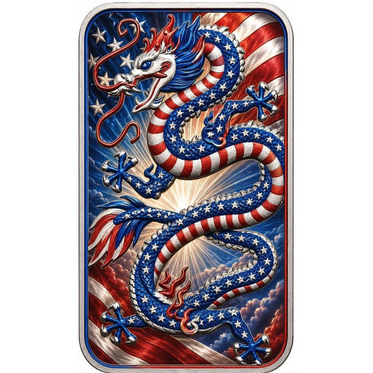 In Stock! 2026 Australia Perth Mint 2nd Amendment USA 250 Dragon 1 oz Silver Colorized Coin Bar (250 Mintage)