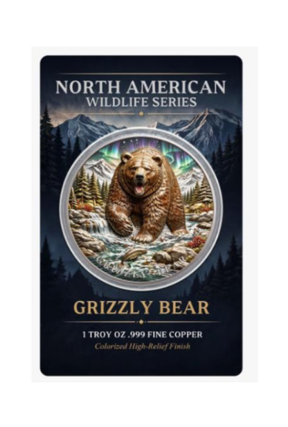 North American Wildlife - Grizzly Bear UHR Colorized 1 oz Copper Medal in Card
