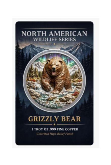 North American Wildlife - Grizzly Bear UHR Colorized 1 oz Copper Medal in Card (05/14)