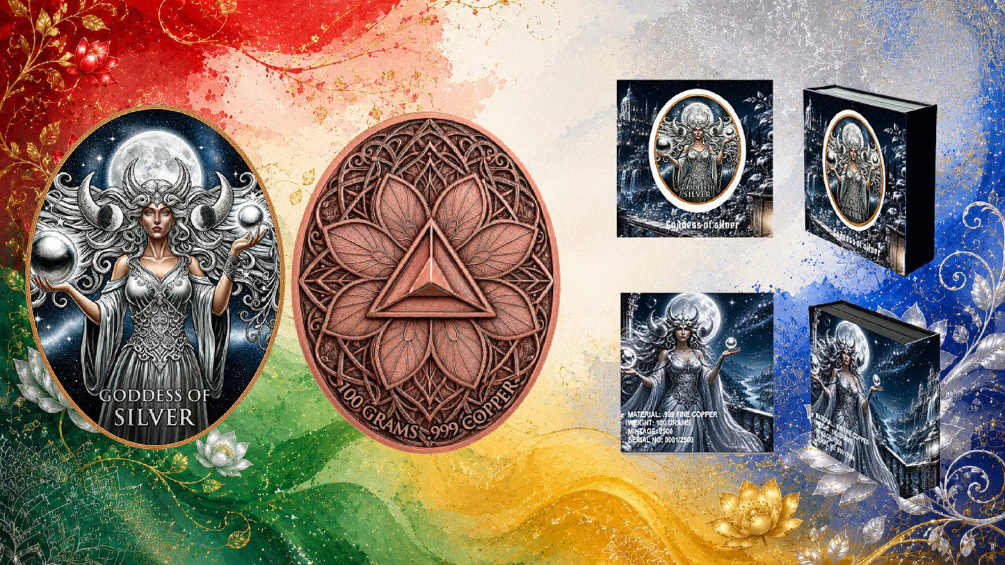4th in series! 100 Gram Goddess Series - Goddess of Silver Colorized Copper in Display Box