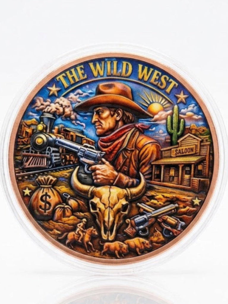 Colorful coin featuring a cowboy and western scene with 'The Wild West' text on a white background.