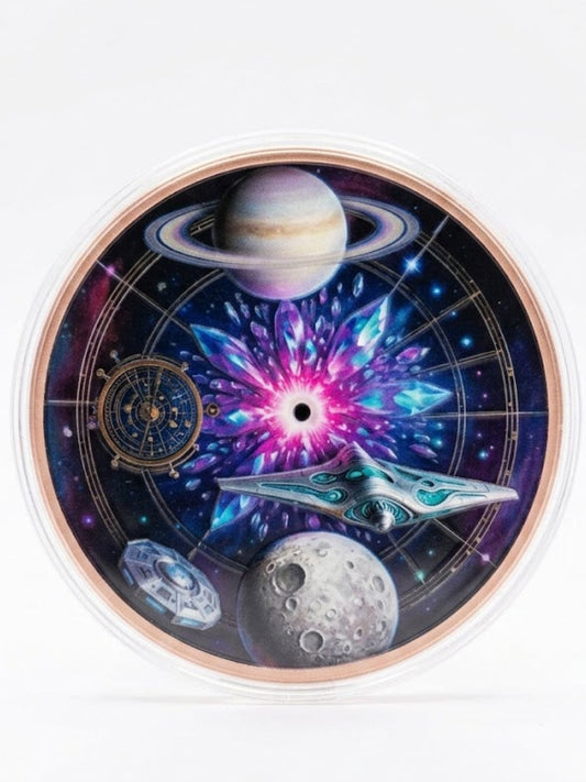 Decorative plate with space-themed design featuring planets and a starburst on a white background