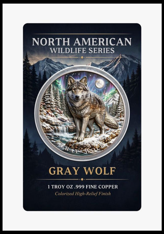 North American Wildlife - Gray Wolf UHR Colorized 1 oz Copper Medal in Card (05/21)
