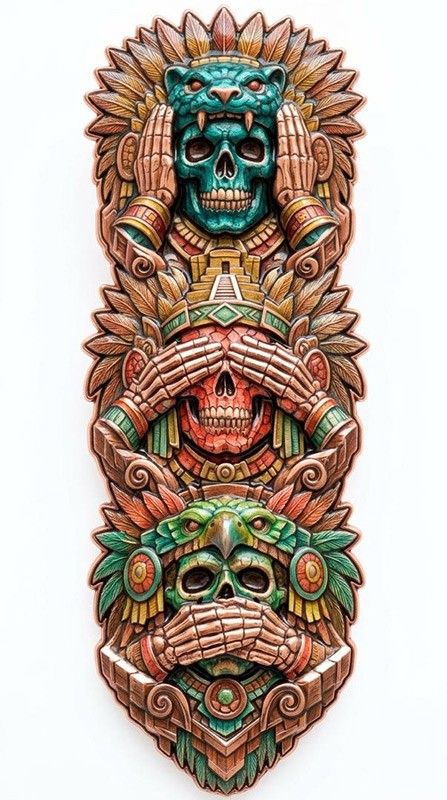 Hear No Evil, See No Evil, Speak No Evil Aztec Totem Shaped 3 oz Copper Medal (05/29)