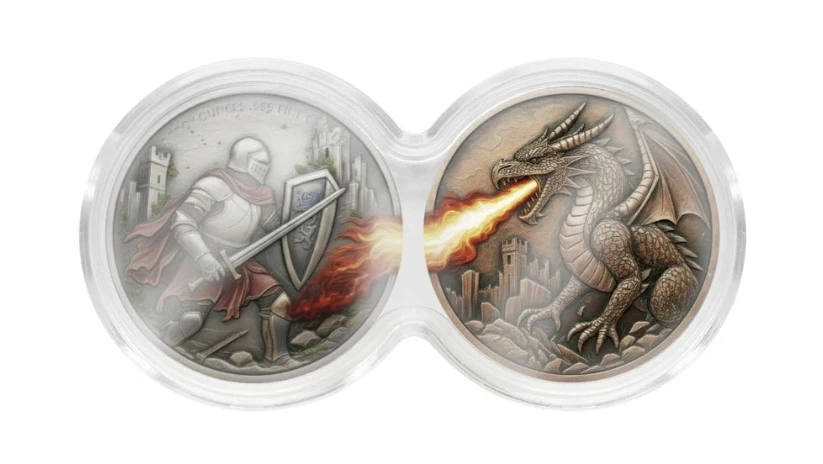 In Stock! (4 ounces!) 2 x 2 oz Knight vs Dragon .999 Copper Medal in Infinity Capsule