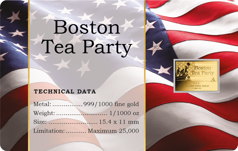 In Stock! Boston Tea Party  1/1000 oz Gold Medal in Card  (25,000 Mintage)