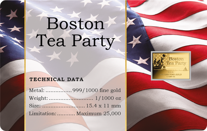 In Stock! Boston Tea Party  1/1000 oz Gold Medal in Card  (25,000 Mintage)
