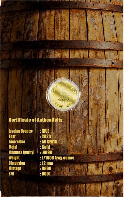 In Stock! 2026 Niue Bourbon 1/1000 oz Gold Coin in Card   (9,999 Mintage)