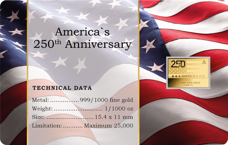 In Stock! America 250th Anniversary  1/1000 oz Gold Medal in Card  (25,000 Mintage)