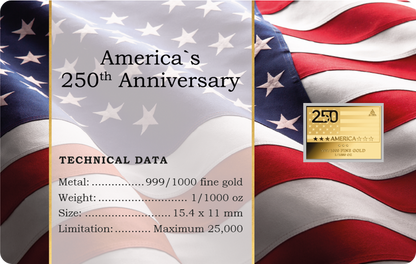 In Stock! America 250th Anniversary  1/1000 oz Gold Medal in Card  (25,000 Mintage)