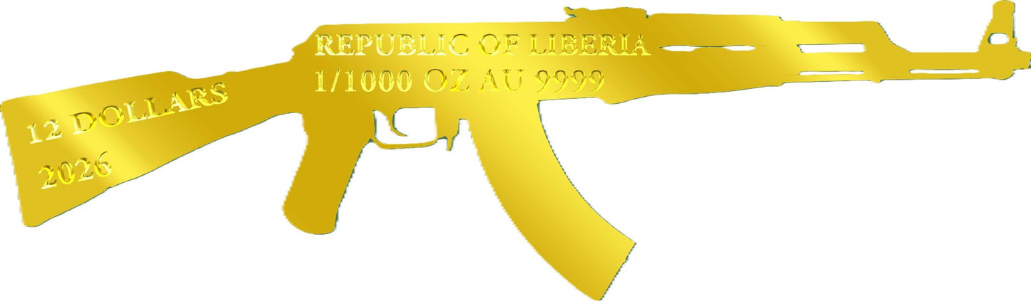 2026 Liberia AK47 Shaped 1/1000 oz Gold Coin in Card (01/12)