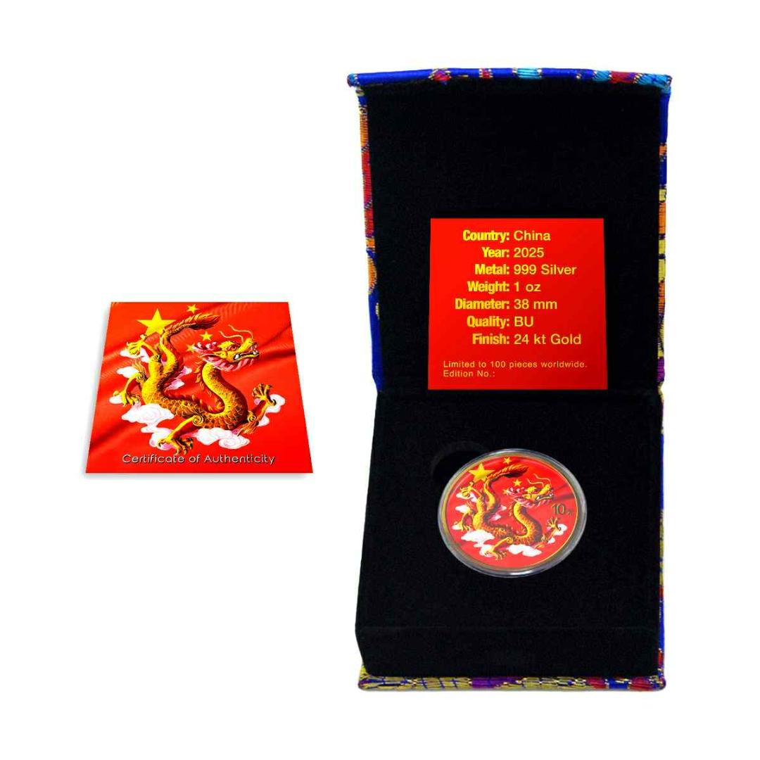 In Stock! China 2025 24K Gilded & Red China Flag Dragon 1 oz Silver Art Coin (100 Mintage)