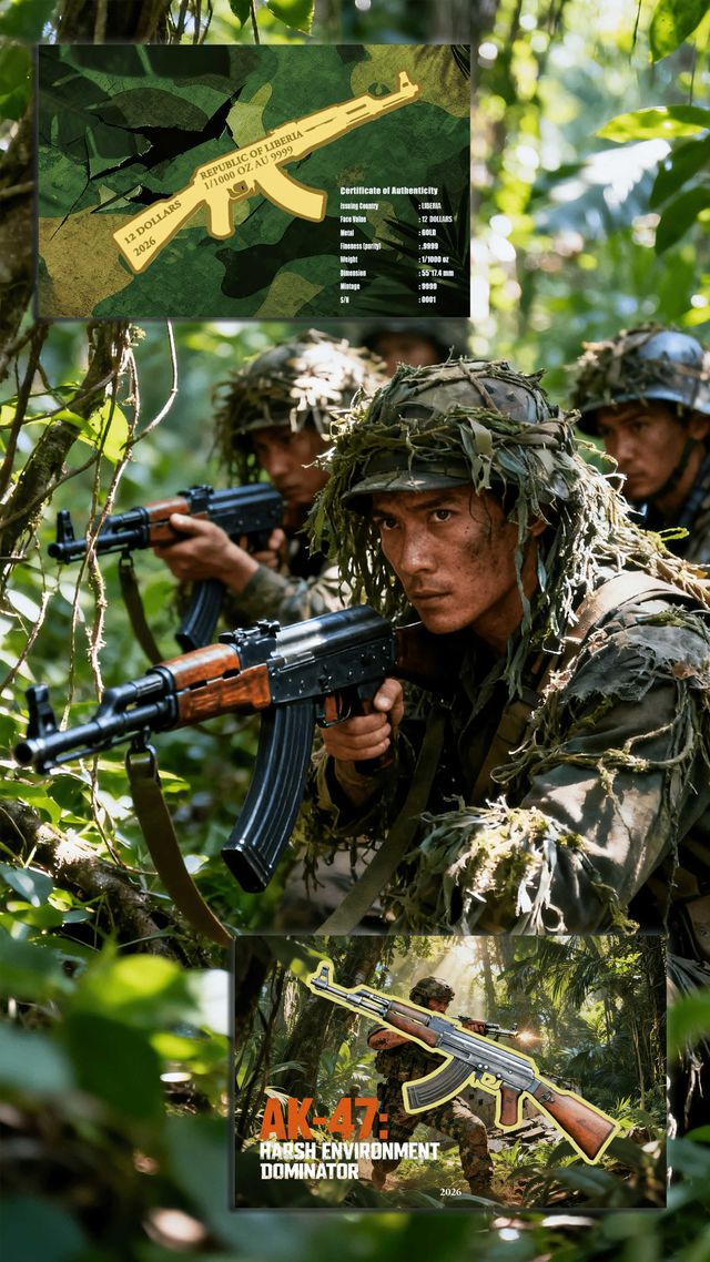 2026 Liberia AK47 Shaped 1/1000 oz Gold Coin in Card (01/12)