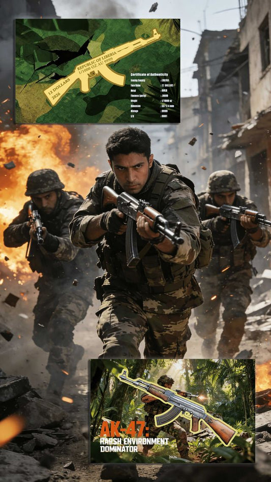 2026 Liberia AK47 Shaped 1/1000 oz Gold Coin in Card (01/12)