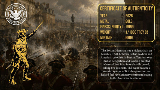 Boston Massacre Shaped 1/1000 oz Gold Medal in Card (05/22)