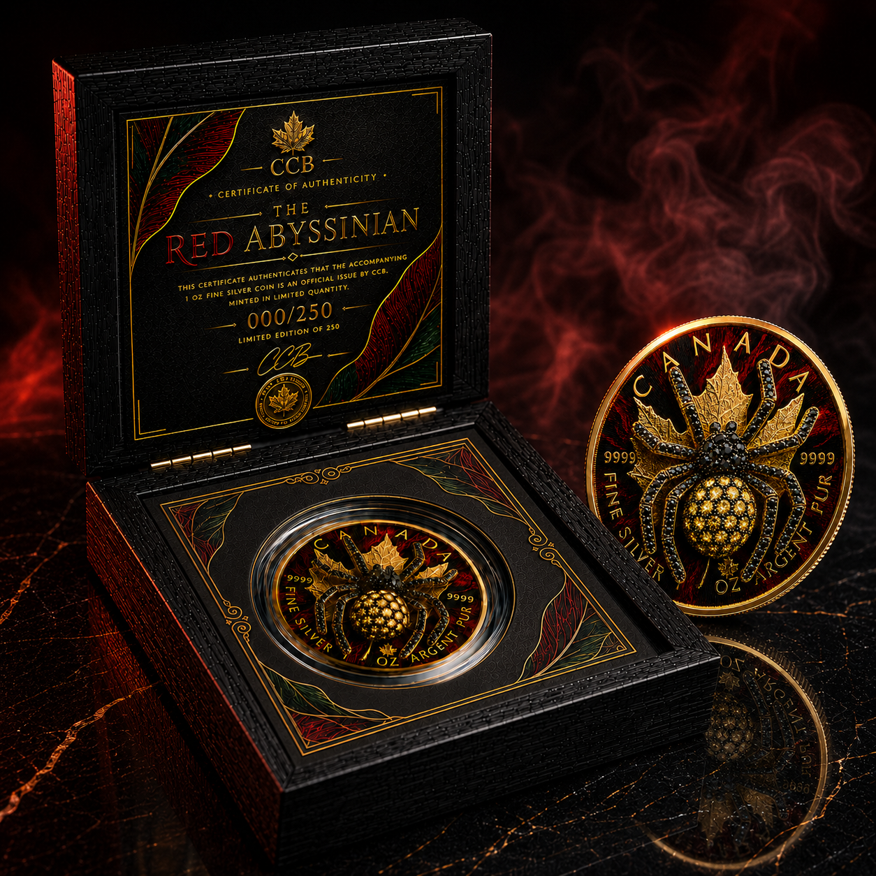 24-Hour Offer: The Red Abyssinian 1 oz .999 Fine Silver Gilded Maple with 3D Jewel Spider