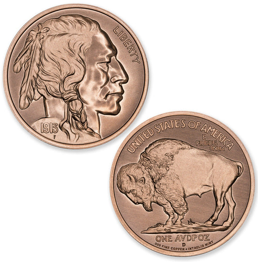 Intaglio Mint 1913-D Buffalo Nickel Tribute 1 oz Copper Round (05/26)