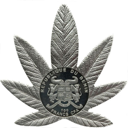 In Stock! 2011 Benin Sativa Cannabis Leaf Shaped Scented 27g Silver Plated CN Coin (01/19)