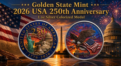Estimate: Golden State Mint 2026 USA 250th Anniversary 1 oz Silver Colorized Medal (Mintage TBD at end of Presale)