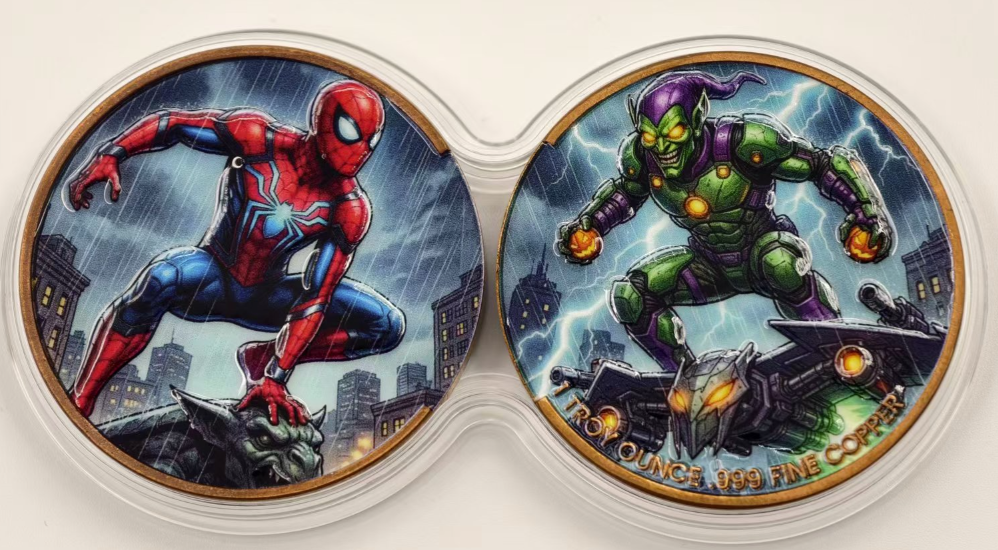 2 x 1 oz Spiderman Vs Green Goblin .999 Copper Medal in Infinity Capsule