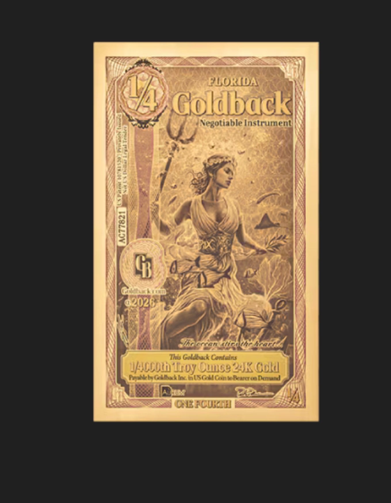 NEW Florida Goldback 1/4 - Contains 1/4000 oz of .999 fine gold