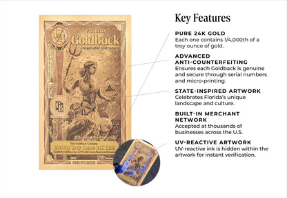 NEW Florida Goldback 1/4 - Contains 1/4000 oz of .999 fine gold