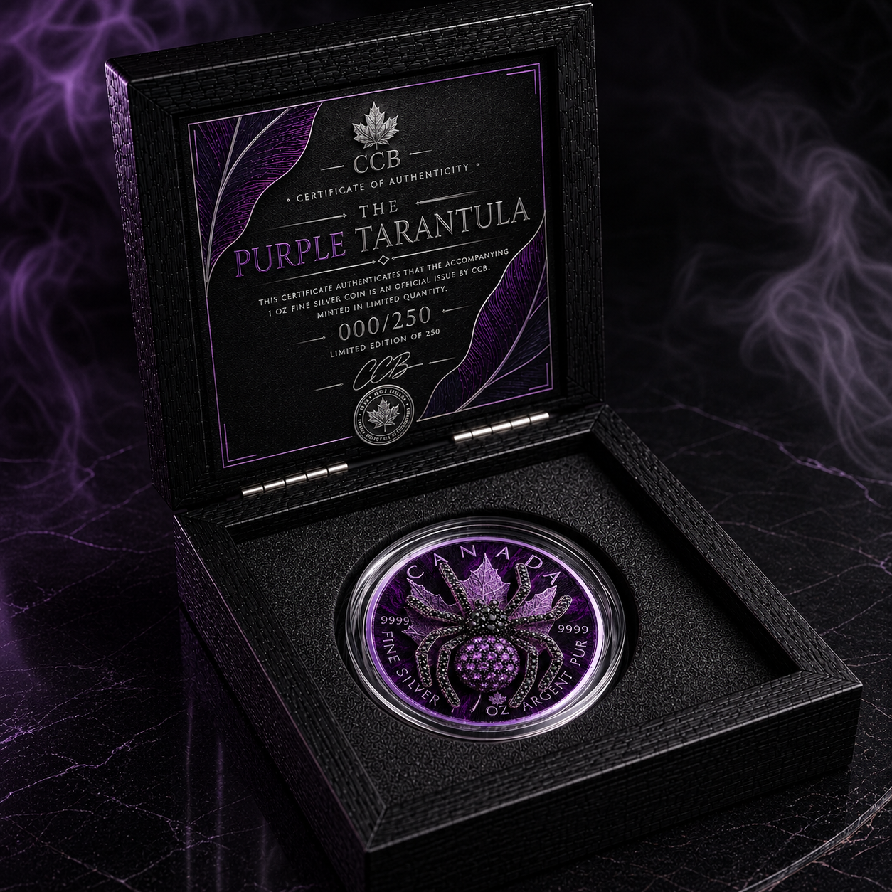 The Purple Tarantula 1 oz .999 Fine Silver Gilded Maple with 3D Jewel Spider