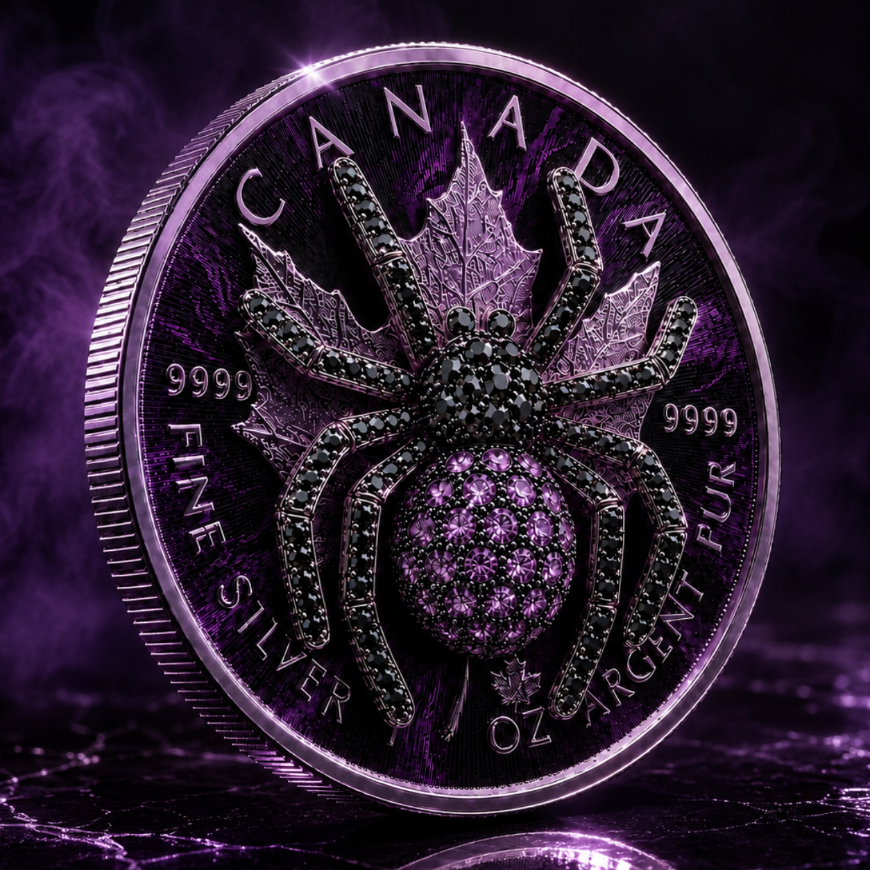The Purple Tarantula 1 oz .999 Fine Silver Gilded Maple with 3D Jewel Spider
