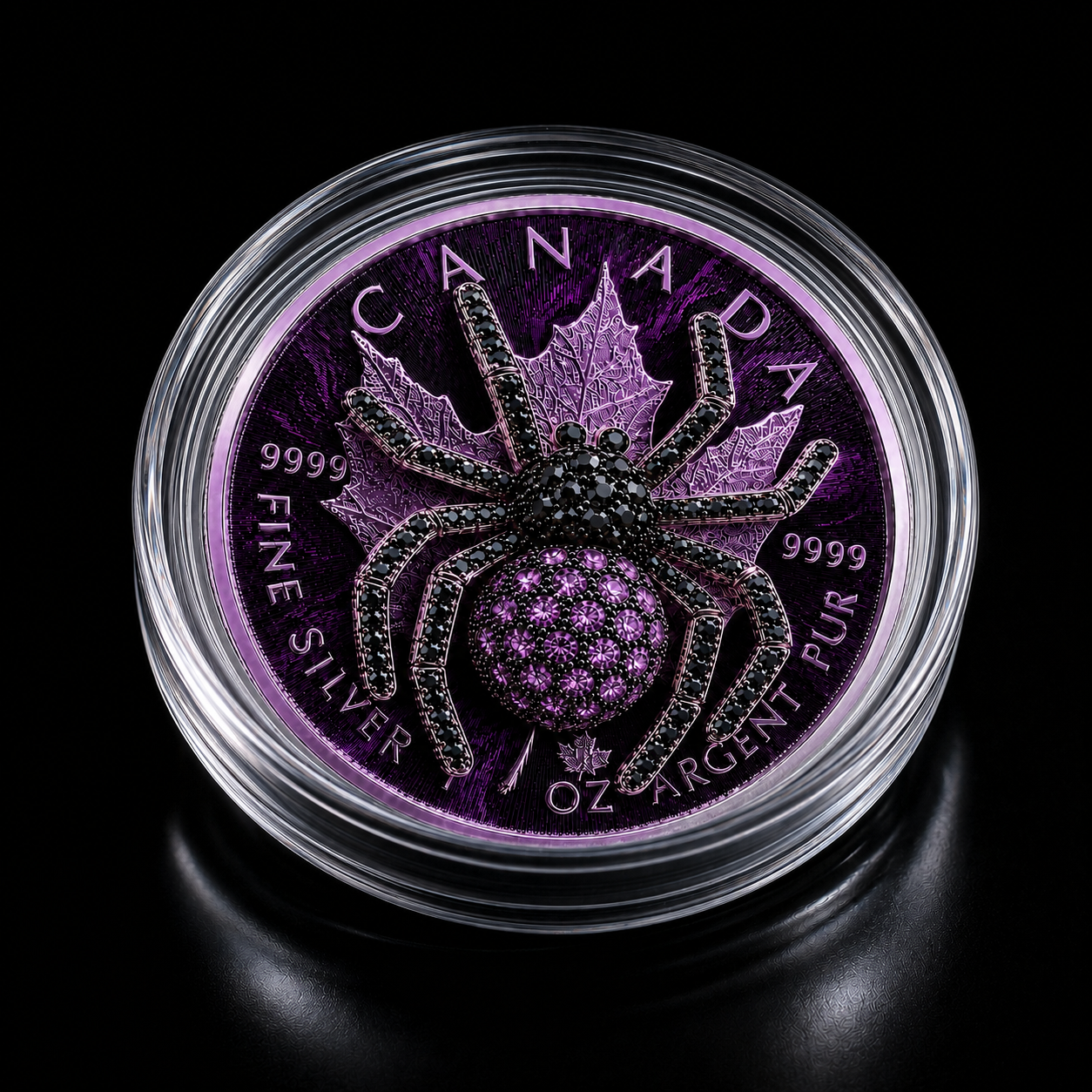 The Purple Tarantula 1 oz .999 Fine Silver Gilded Maple with 3D Jewel Spider