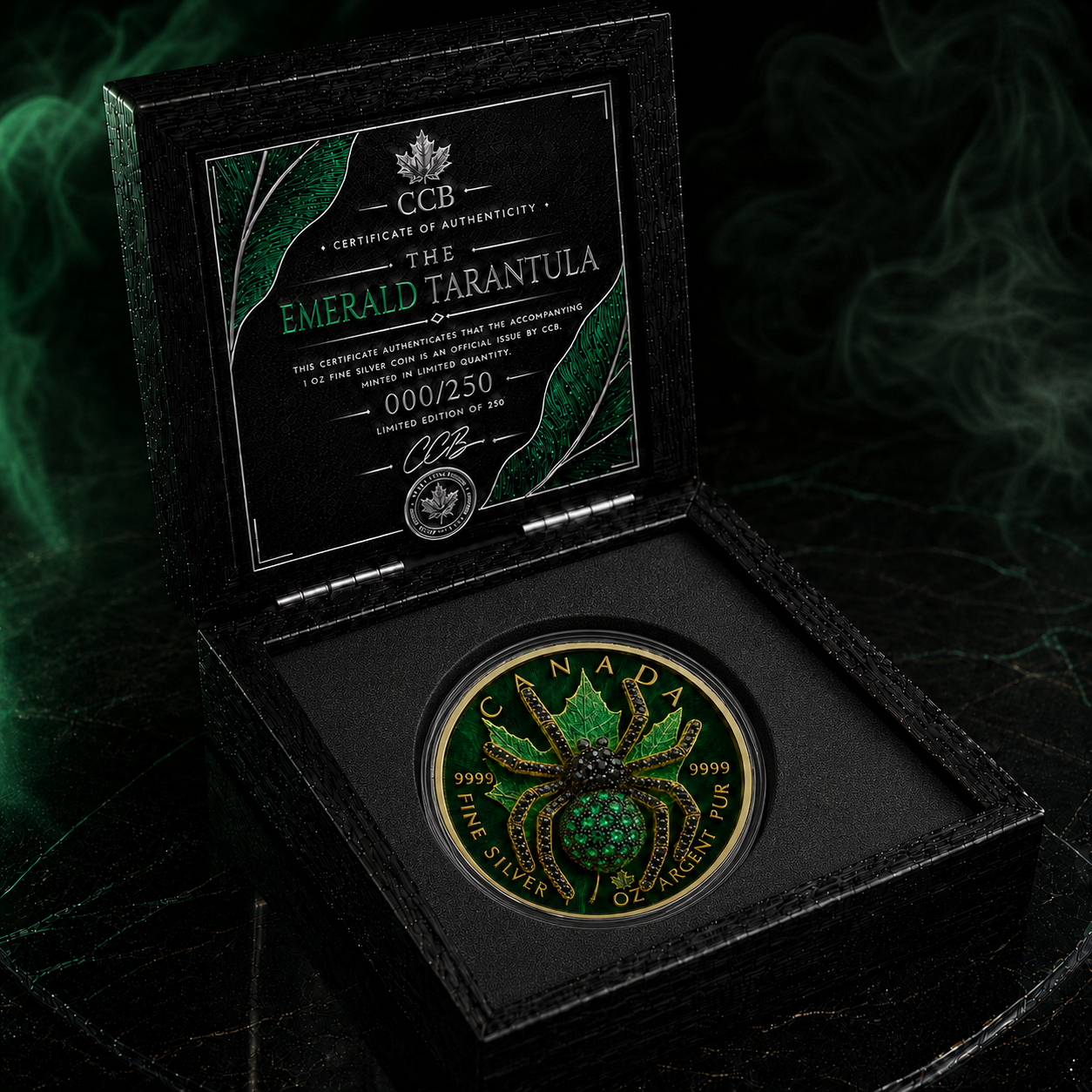 14-Hour offer! The Emerald Tarantula 1 oz .999 Fine Silver Gilded Maple with 3D Jewel Spider