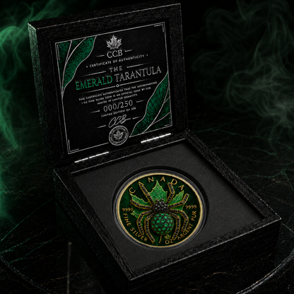 14-Hour offer! The Emerald Tarantula 1 oz .999 Fine Silver Gilded Maple with 3D Jewel Spider