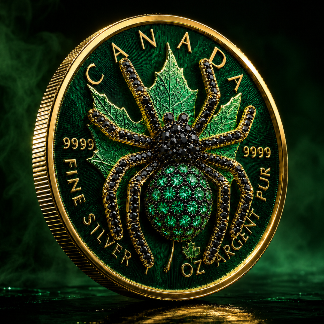 14-Hour offer! The Emerald Tarantula 1 oz .999 Fine Silver Gilded Maple with 3D Jewel Spider