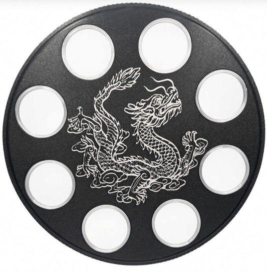 CHINESE DRAGON WALL HANGER COIN DISPLAY! BLACK AND SILVER COLOR SCHEME