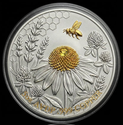 2026 Harmony Bee 5oz .999 Copper with Silver & Gold Gilding Plus Crystals!