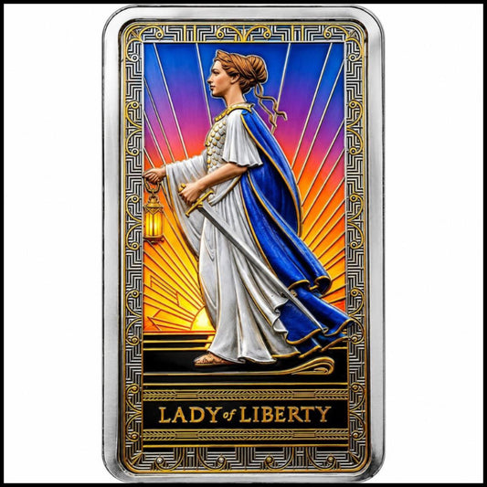 WEEKEND OFFER: PAMP Lady of Liberty Colours Illuminated 10 oz Silver Double-Sided Colorized Bar (99 Mintage)