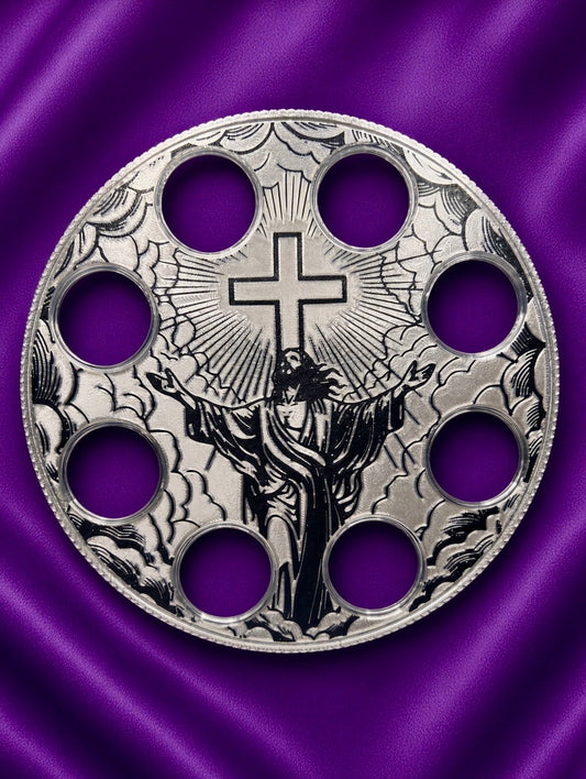 JESUS WALL HANGER COIN DISPLAY! SILVER AND BLACK COLOR SCHEME.