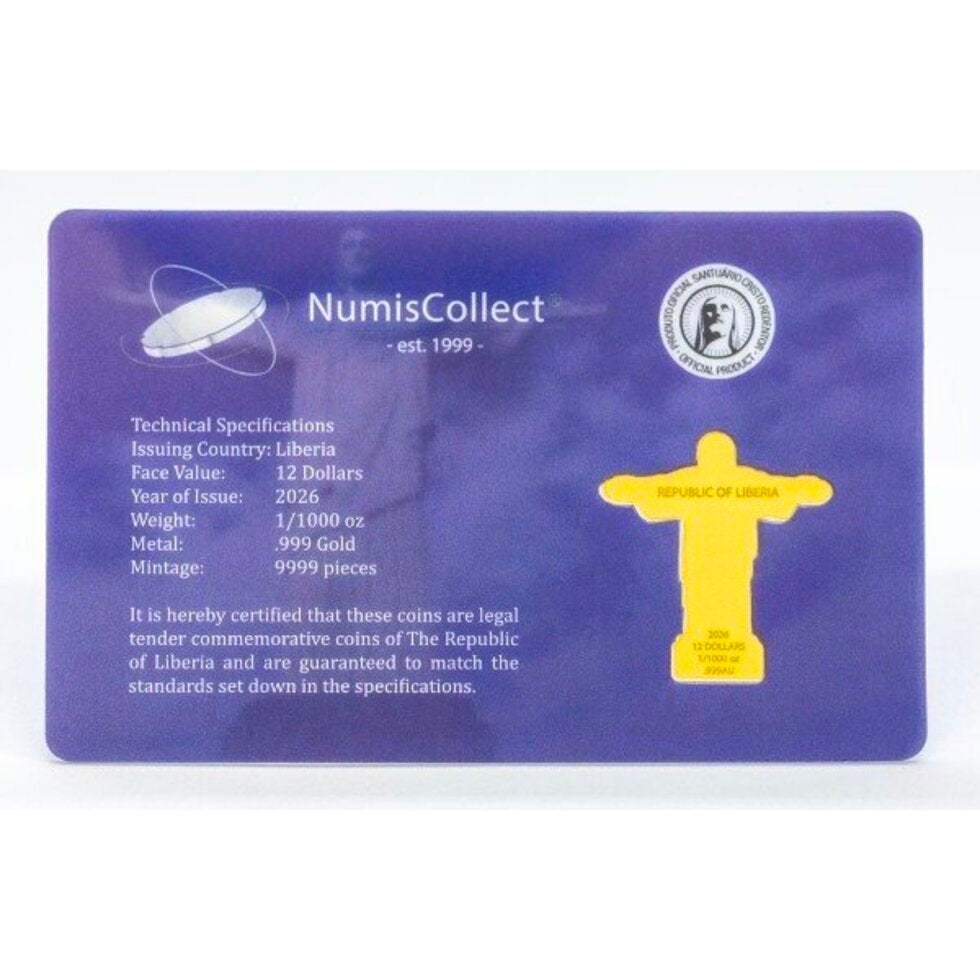 In Stock! 2026 Liberia Christ the Redeemer 1/1000 oz Gold Coin in Card