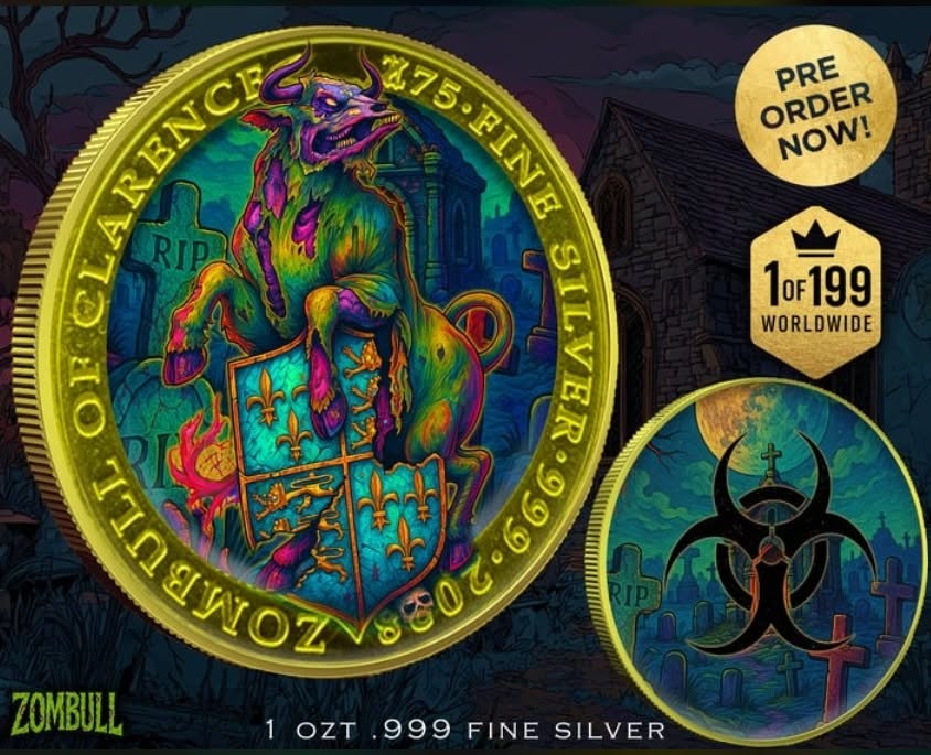 In Stock! 2025 Zombucks Zombull 1 oz Color Silver