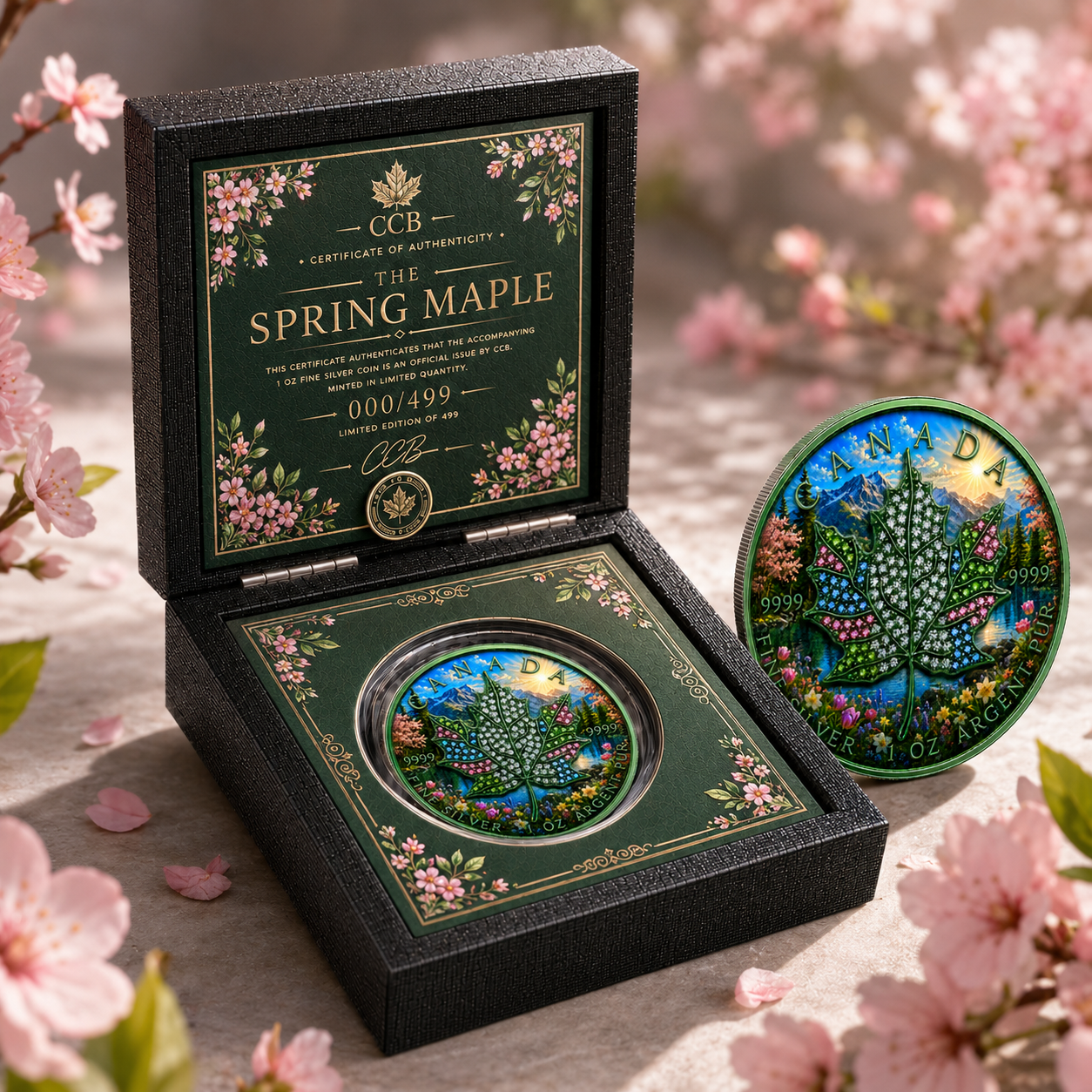 New 4pc Series! 2026 Seasons Spring Maple Bejeweled 1oz .9999 Fine Silver Colorized Canadian Maple