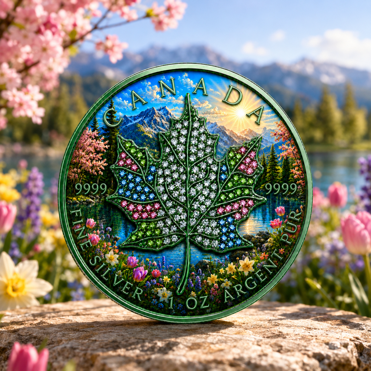 New 4pc Series! 2026 Seasons Spring Maple Bejeweled 1oz .9999 Fine Silver Colorized Canadian Maple