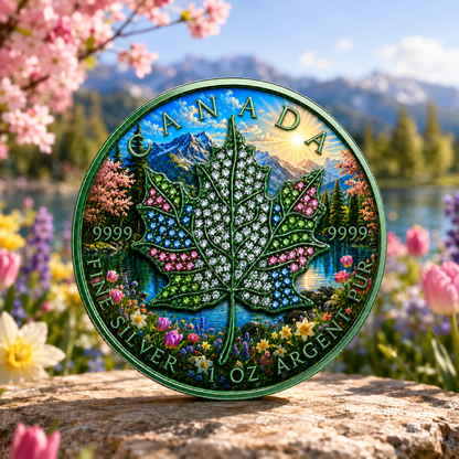 New 4pc Series! 2026 Seasons Spring Maple Bejeweled 1oz .9999 Fine Silver Colorized Canadian Maple