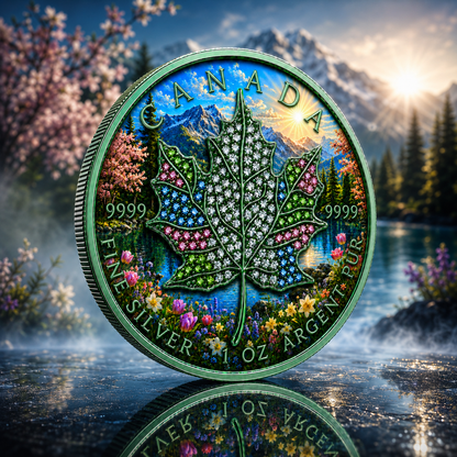 New 4pc Series! 2026 Seasons Spring Maple Bejeweled 1oz .9999 Fine Silver Colorized Canadian Maple