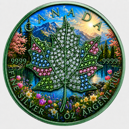 New 4pc Series! 2026 Seasons Spring Maple Bejeweled 1oz .9999 Fine Silver Colorized Canadian Maple