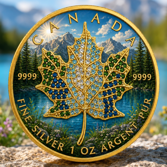 New 4pc Series! 2026 Seasons Summer Maple Bejeweled 1oz .9999 Fine Silver Colorized Canadian Maple