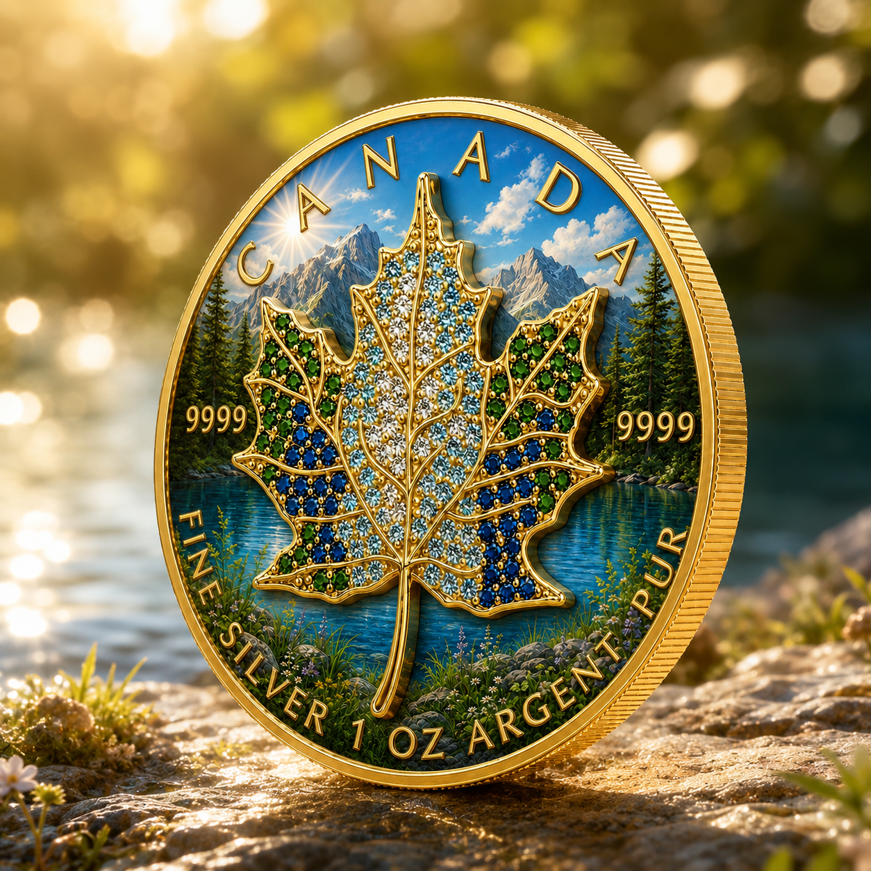 New 4pc Series! 2026 Seasons Summer Maple Bejeweled 1oz .9999 Fine Silver Colorized Canadian Maple