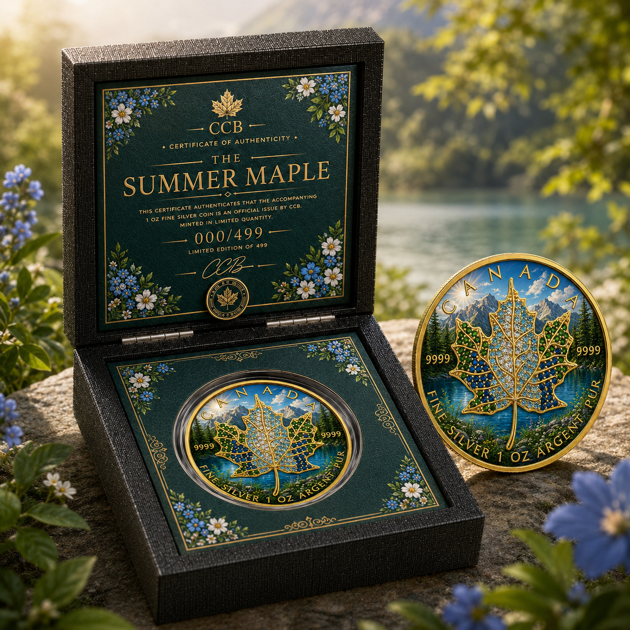 New 4pc Series! 2026 Seasons Summer Maple Bejeweled 1oz .9999 Fine Silver Colorized Canadian Maple