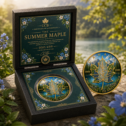 New 4pc Series! 2026 Seasons Summer Maple Bejeweled 1oz .9999 Fine Silver Colorized Canadian Maple