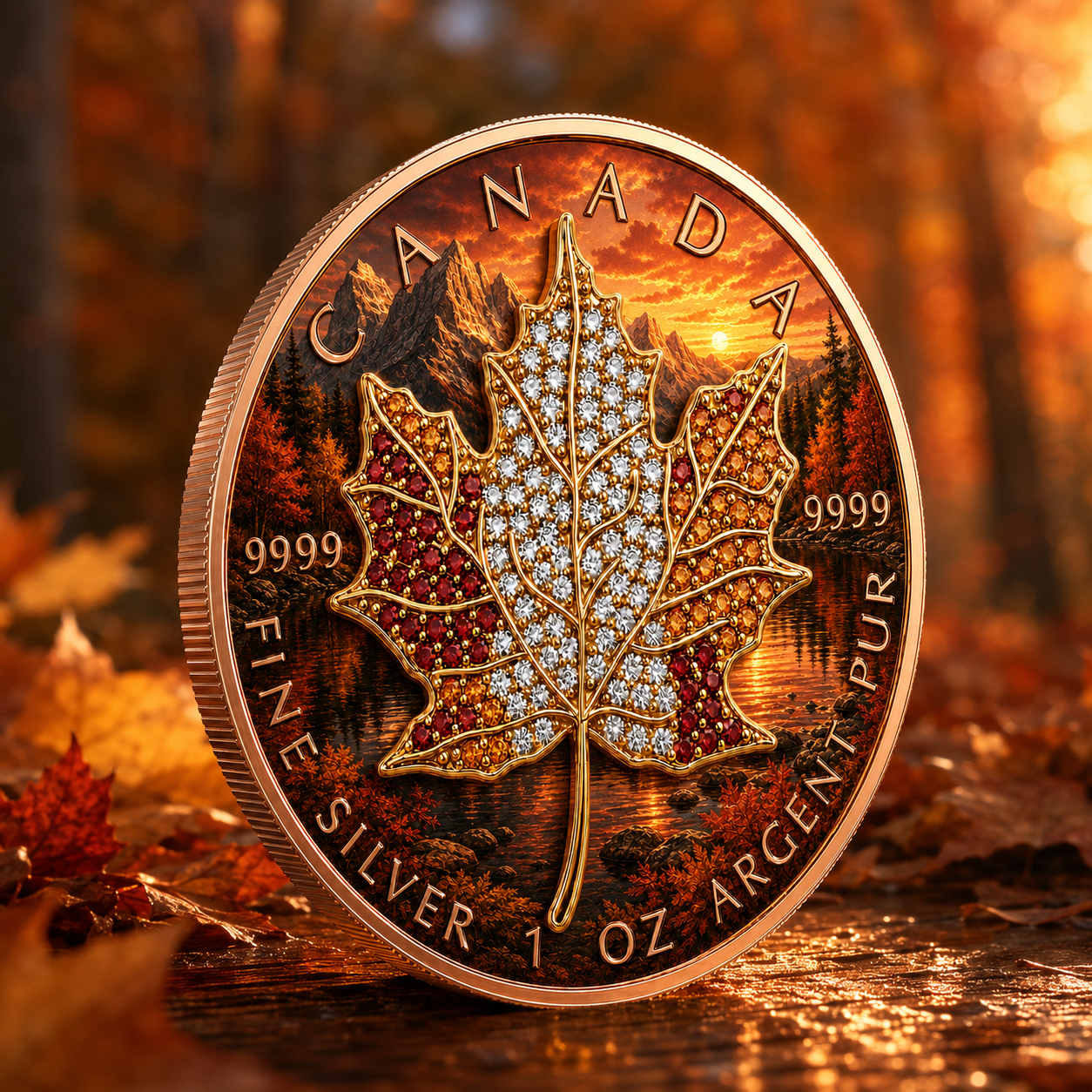 New 4pc Series! 2026 Seasons Fall Maple Bejeweled 1oz .9999 Fine Silver Colorized Canadian Maple