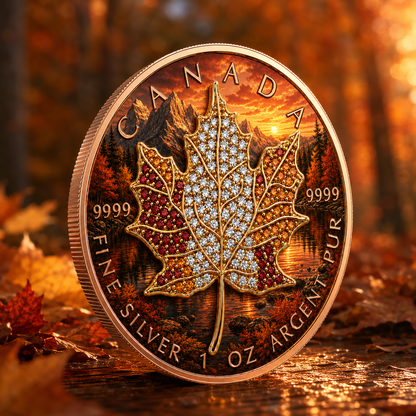New 4pc Series! 2026 Seasons Fall Maple Bejeweled 1oz .9999 Fine Silver Colorized Canadian Maple
