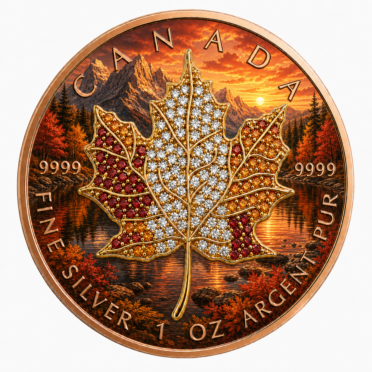New 4pc Series! 2026 Seasons Fall Maple Bejeweled 1oz .9999 Fine Silver Colorized Canadian Maple